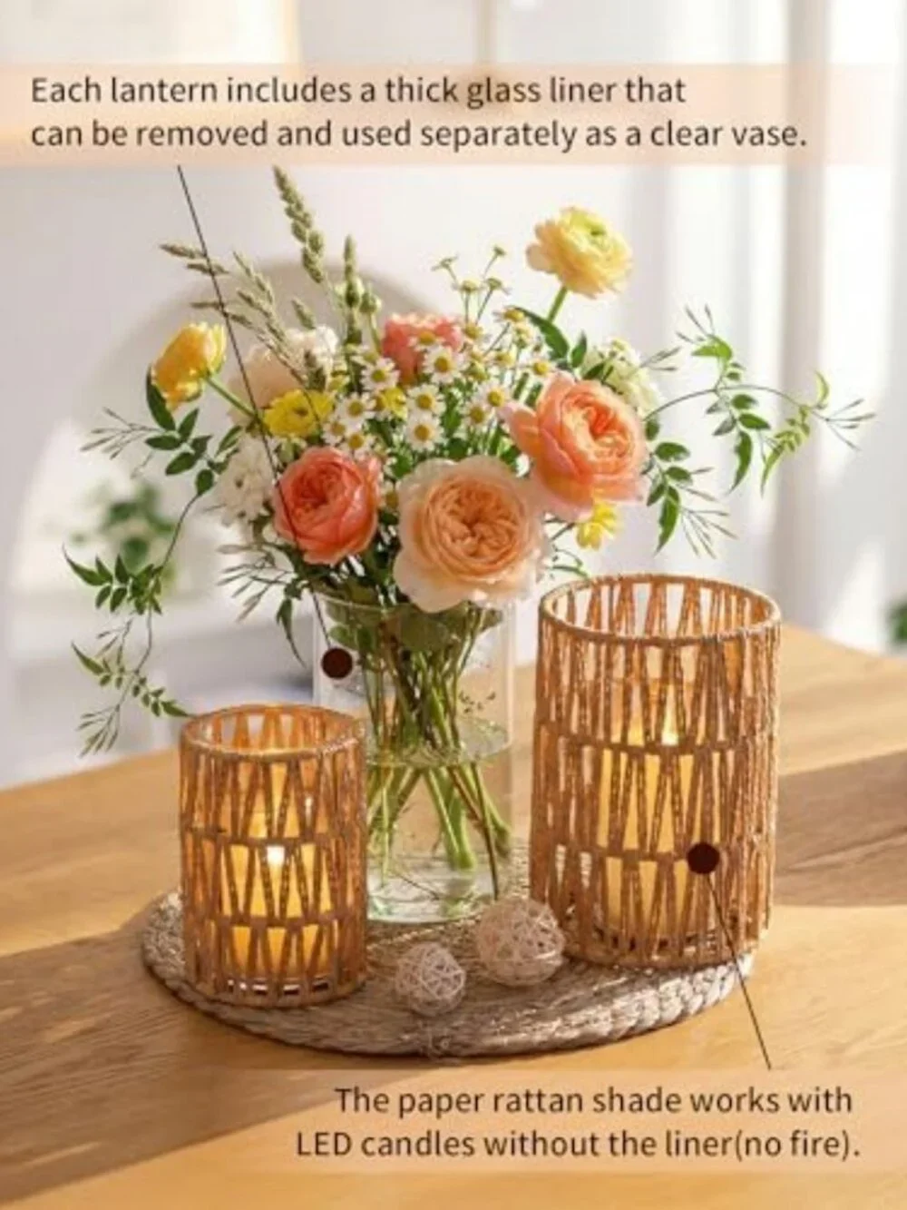 Set of 2 Boho Rattan Lanterns - Stylish Pillar Candle Holders with Glass